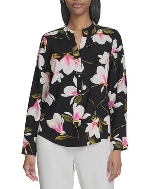 Halston Printed Mandarin Collar Front Pocket Blouse - Black