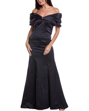 Teri Jon Stretch Satin Off-Shoulder Gown - Blue
