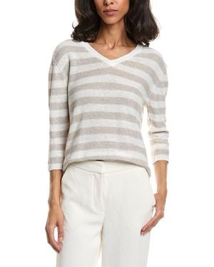 Forte Beach Stripe V-Neck Linen Sweater - Gray