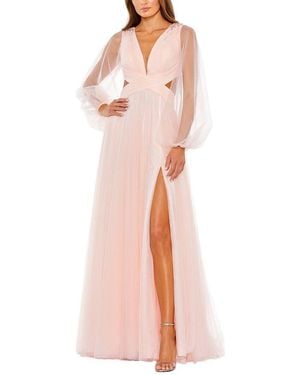Mac Duggal Tulle Puff Sleeve Cut Out Lace Up A-Line Gown - Pink