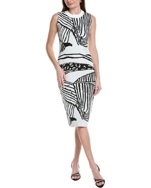Gracia Abstract Pattern Racer Neck Fitted Knit Midi Dress - White