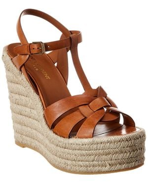 Saint Laurent Tribute Leather Espadrille Wedge Sandals - Brown