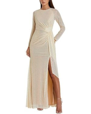 Mac Duggal Sequined Ruched Boat Neck Gown - Natural
