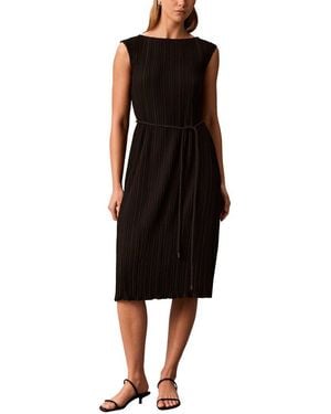 Calvin Klein Belted Pleated Boat Neck Midi Dress - Black