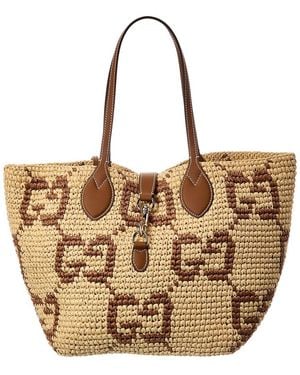 Gucci Medium Woven Leather-Trim Tote - Metallic