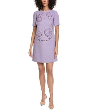 Oscar de la Renta Floral Detail Tweed Silk-Lined Wool-Blend Shift Dress - Purple