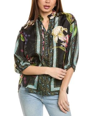 Johnny Was Elda Button-Down Silk Blouse - Grey