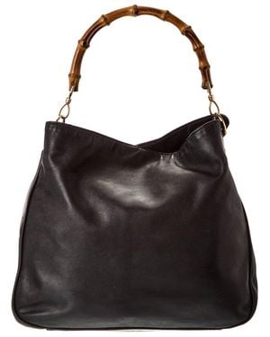 Gucci Lambskin Leather Gg Bamboo Tote (Authentic Pre-Owned) - Black