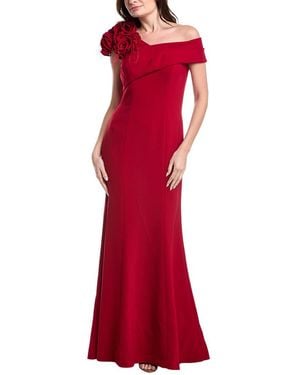 Teri Jon Crepe Asymmetrical Flower & Feather Shoulder Gown - Red