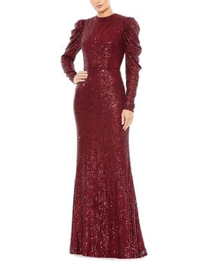 Mac Duggal Sequined High Neck Puff Long Sleeve Column Gown - Red