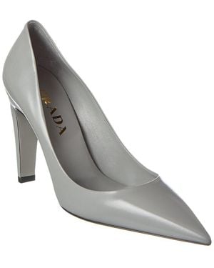 Prada Logo Leather Pointy-Toe Pump - Gray