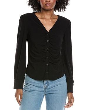 Cece V-Neck Button Down Shirred Blouse - Black