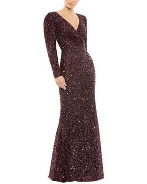 Mac Duggal Puff Shoulder Sequined Surplice Gown - Purple