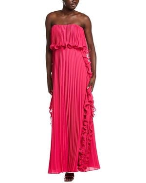 Badgley Mischka Octo Ruffle Pleated Gown - Red