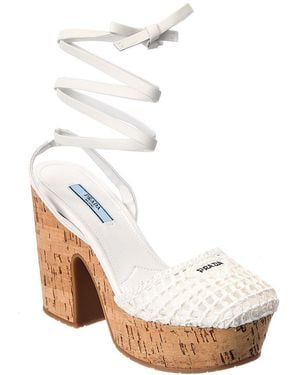 Prada Logo Raffia Platform Sandal - White