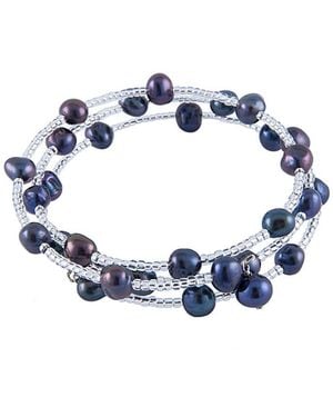 Splendid Rhodium Plated 7-8mm Freshwater Pearl Coil Bracelet - Blue