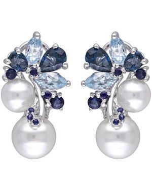 Pearls Silver 3.00 Ct. Tw. Gemstone & 6-8.5mm Freshwater Pearl Earrings - Blue