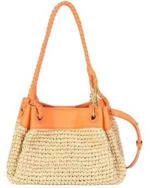 Tiffany & Fred Paris Leather & Raffia Drawstring Shoulder Bag - Orange