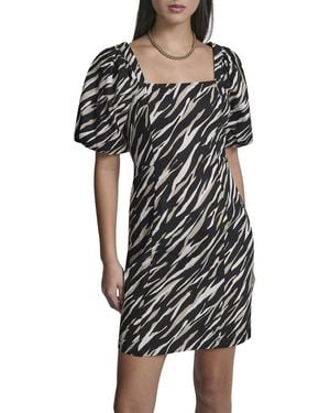 DKNY Puff Sleeve Printed Linen-Blend Dress - Black