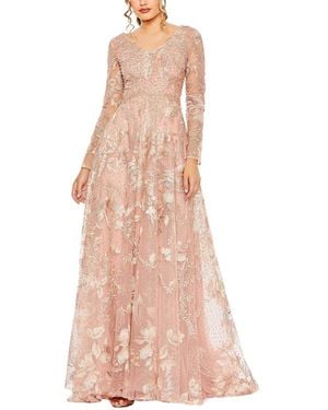 Mac Duggal Embellished Long Sleeve V Neck A Line Gown - Pink