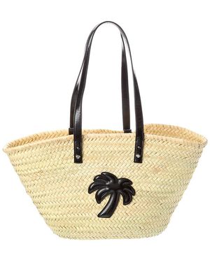 Palm Angels Palm Applique Straw & Leather Tote - Metallic