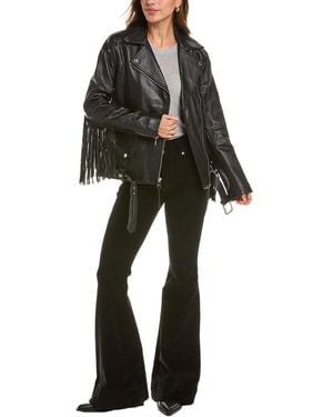 KARL LAGERFELD Fringe Leather Moto Jacket - Black