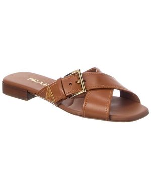 Prada Logo Crisscross Leather Sandal - Brown