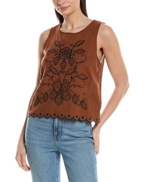 Ellen Tracy Linen-Blend Embroidery Tank Top - Blue