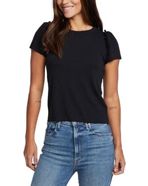 Chaser Brand Rib Raw Edge Ruffle Puff Sleeve Linen-blend T-shirt - Black