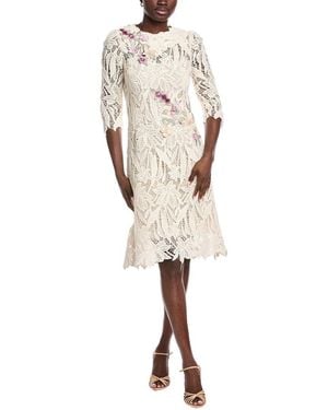 Teri Jon Flower Applique Embroidered Midi Dress - Natural