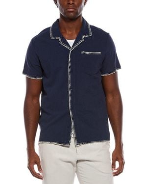 Vintage Summer Textured Embroidered Camp Shirt - Blue
