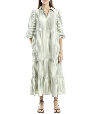 Max Studio 3/4 Sleeve Collar Button Front Tier Midi Dress - White