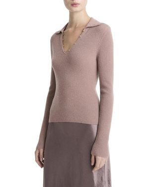 Vince Ribbed Button Loop Cashmere & Silk-Blend Polo Shirt - Brown