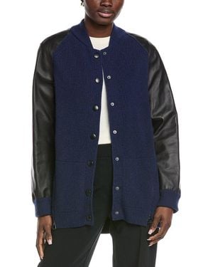Akris Leather-Sleeve Cashmere Jacket - Blue