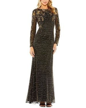 Mac Duggal High Neck Long Sleeve Embellished Mesh Gown - Green