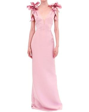 Marchesa Notte Sleeveless Deep V-Neck Silk-Blend Mikado Gown - Pink