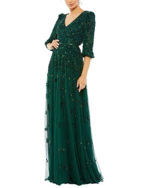 Mac Duggal Embellished V Neck 3/4 Sleeve A Line Gown - Green