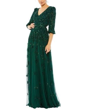 Mac Duggal Embellished V Neck 3/Sleeve A Line Gown - Green