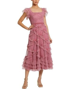 Mac Duggal Dot Net Sequin Ruffle Sweetheart Neck Midi Dress - Pink