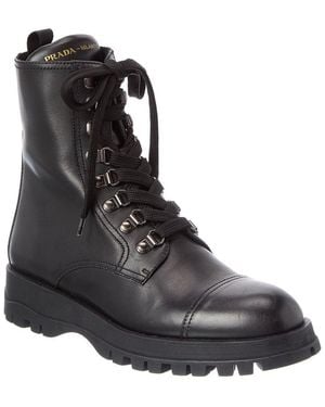 Prada Lace Up Leather Ankle Boot - Black