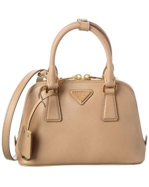 Prada Logo Mini Saffiano Leather Satchel - Natural