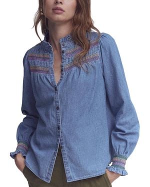 Boden Esme Smocked Denim Frill Top - Blue