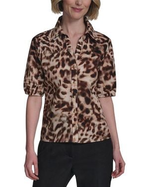 Halston Leopard Printed Short Sleeve Top - Brown