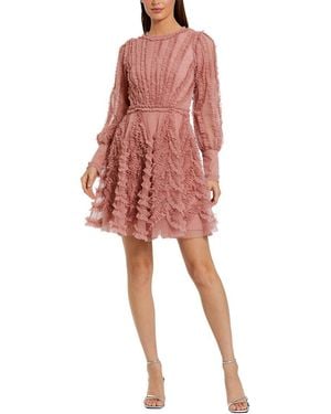 Mac Duggal Mesh Micro Ruffle Long Sleeve Mini Dress - Red