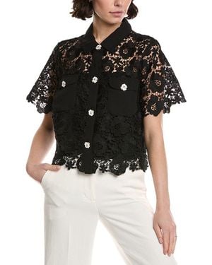 Cece Patch Pocket Button-Down Lace Top - Black