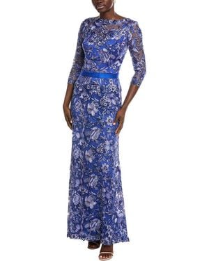 Tadashi Shoji Fulcher Embroidered Illusion Gown - Blue