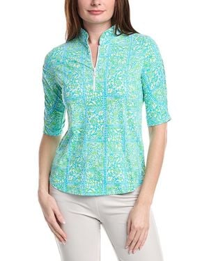 IBKUL Ruched Elbow Sleeve Mandarin Collar Top - Blue