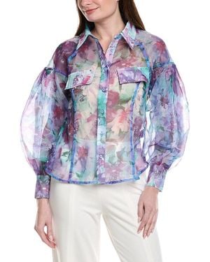 Gracia Floral Print Mesh Puffed Sleeve Shirt Top - Blue