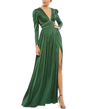 Mac Duggal Satin Puff Shoulder Rhinestone-Encrusted Gown - Green