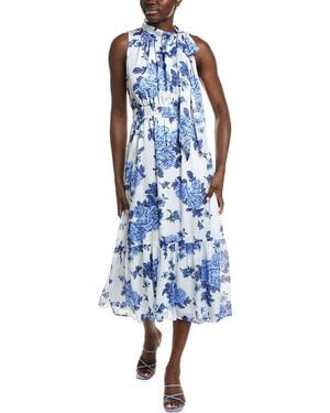 Anne Klein Tied Mock Neck Tiered Midi Dress - Blue